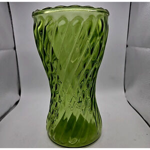 MCM Vintage Hoosier Glass Emerald Green Flower Vase Ribbed Swirl Scalloped Rim